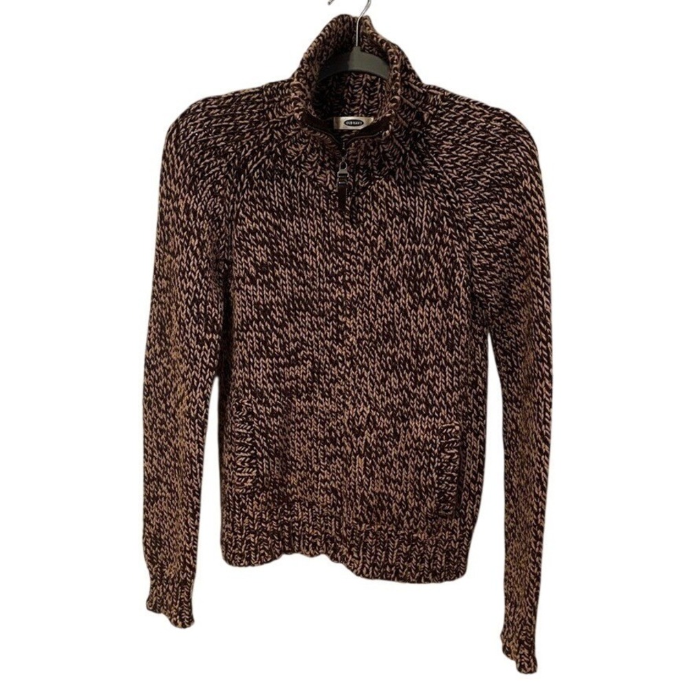 Old Navy Chunky Knit Sweater Womens Small Brown Marled Full Zip Mock Neck
